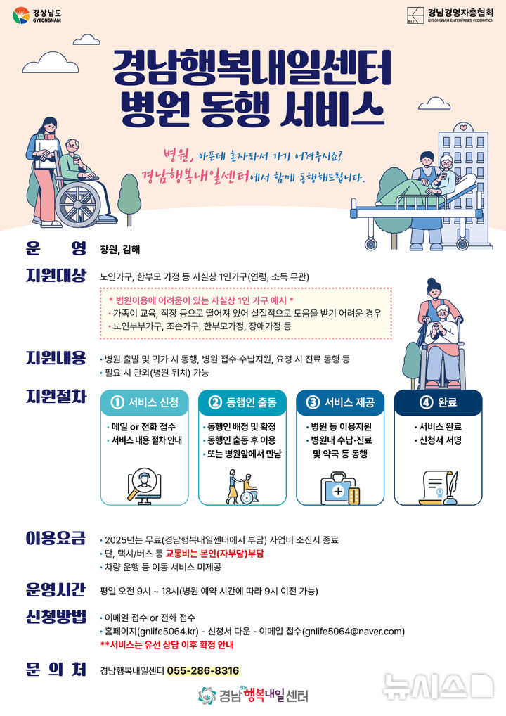 [창원=뉴시스]경남경영자총협회에서 위탁 운영하는 경남행복내일센터의 병원동행 서비스 이용 안내 포스터.(자료=경남행복내일센터 제공) 2025.05.22. photo@newsis.com