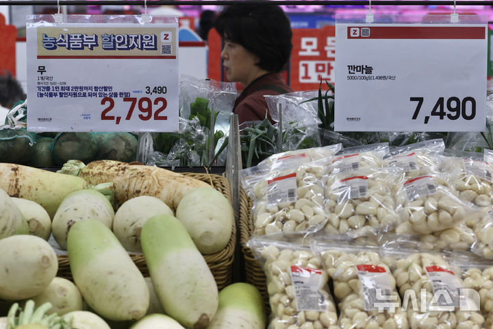 [서울=뉴시스] 김명년 기자 = 서울시내 한 대형마트에 무와 깐마늘이 진열돼 있다. 2025.05.22. kmn@newsis.com