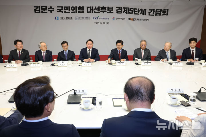 [서울=뉴시스] 고승민 기자= 최태원 대한상공회의소 회장이 22일 오전 서울 중구 대한상공회의소에서 열린 김문수 국민의힘 대통령 후보와 경제 5단체장 간담회에서 환영사를 하고 있다.(공동취재) 2025.05.22. photo@newsis.com