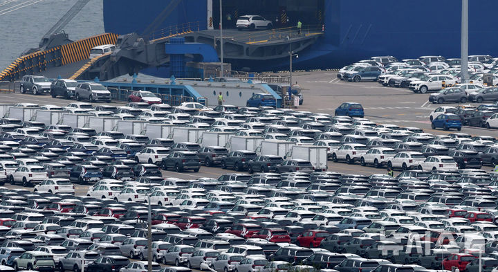 [평택=뉴시스] 추상철 기자 = 경기 평택항 자동차 전용부두에 수출 차량이 세워져 있다. 2025.05.22. scchoo@newsis.com