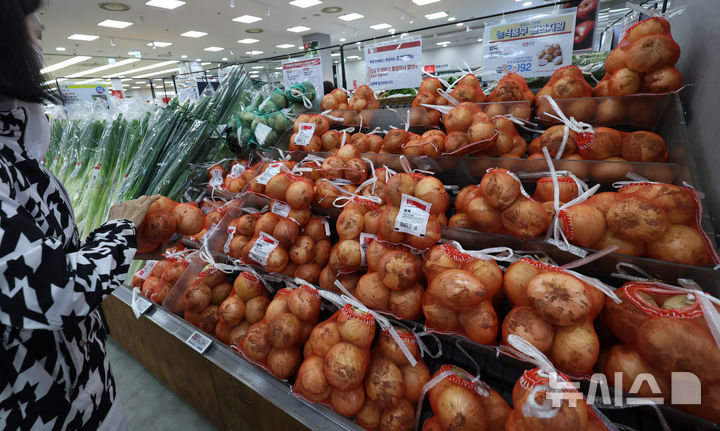 [서울=뉴시스] 조수정 기자 = 지난 23일 서울 시내 한 대형마트에서 소비자들이 양파를 고르고 있다. 2025.05.23. chocrystal@newsis.com