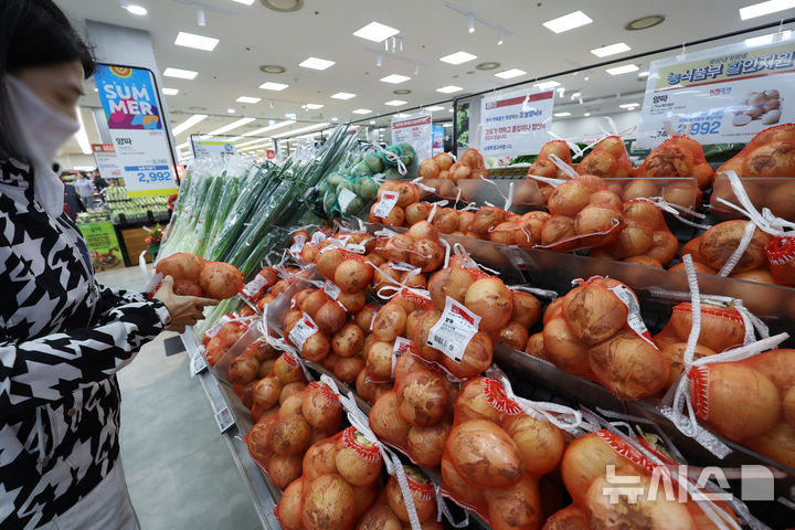 [서울=뉴시스] 조수정 기자 = 서울 시내 한 대형마트에서 소비자들이 양파를 고르고 있다. 2025.05.23. chocrystal@newsis.com