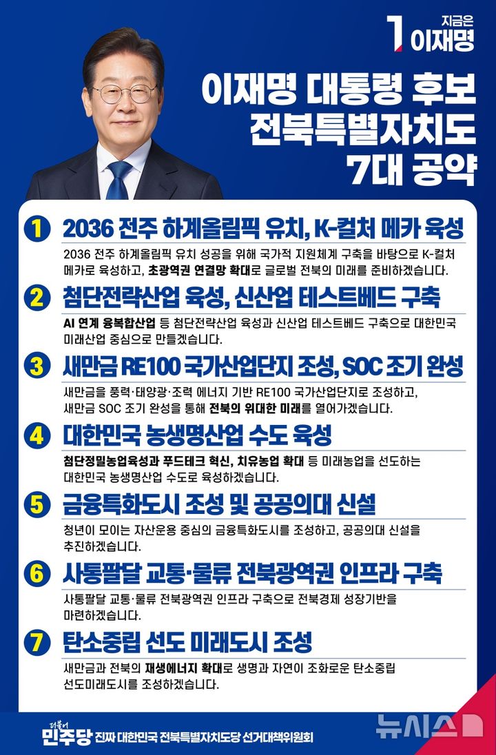 [전주=뉴시스] 더불어민주당 이재명 대통령 후보 전북특별자치도 7대 공약. (사진=민주당 전북도당 제공) 2025.05.24. photo@newsis.com  *재판매 및 DB 금지