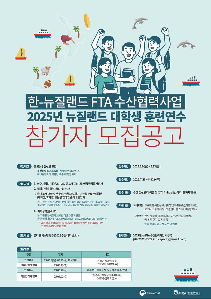 해수부 '뉴질랜드 훈련연수생 모집'…수산계 대학생 대상 