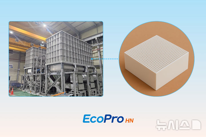 [포항=뉴시스] 송종욱 기자 = 에코프로에이치엔이 개발한 3세대 촉매인 허니컴 촉매를 적용한 과불화탄소(PFC) 감축 시스템과 벌집 모양의 허니컴 촉매를 확대한 모습. (사진=에코프로 제공) 2025.05.25. photo@newsis.com