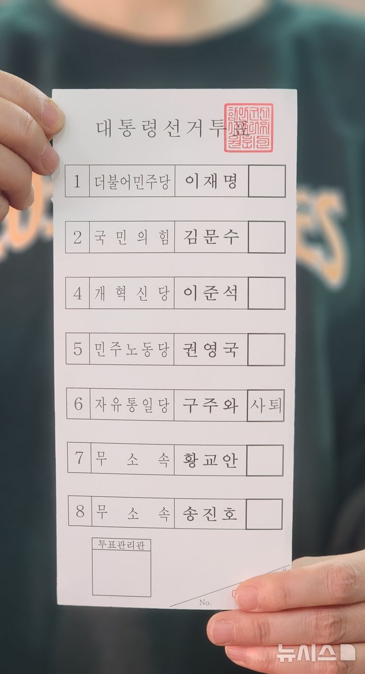 [창원=뉴시스]25일 경상남도선거관리위원회 직원이 인쇄된 제21대 대통령선거 투표용지를 들어 보이고 있다.(사진=경남도선관위 제공) 2025.05.25. photo@newsis.com