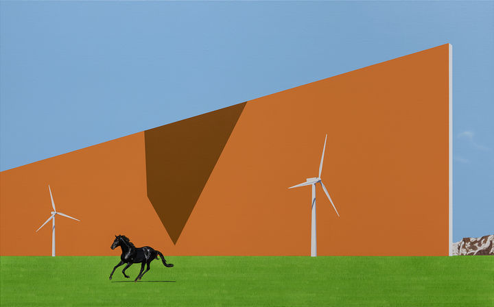 A black horse running under an orange wall, 2025, Oil on Canvas, 72.7 x 116.8cm *재판매 및 DB 금지