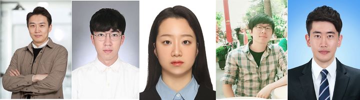 [울산=뉴시스] 울산과학기술원(UNIST) 연구진. 강주헌(왼쪽부터) 교수, 장봉환 박사(제1저자), 정수현 박사, 권세용 박사, 박성진 박사. (사진=UNIST 제공) 2025.05.26. photo@newsis.com *재판매 및 DB 금지