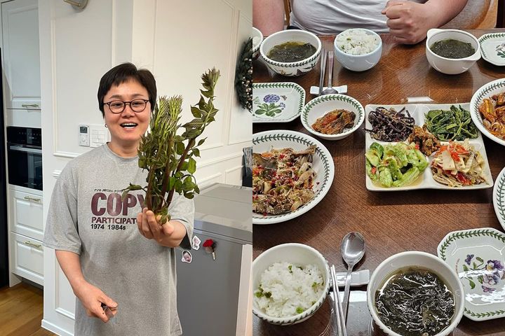 [서울=뉴시스] 이경실(왼쪽)·이경실이 요리한 음식. (사진=이경실 인스타그램 캡처) 2025.05.26. photo@newsis.com *재판매 및 DB 금지
