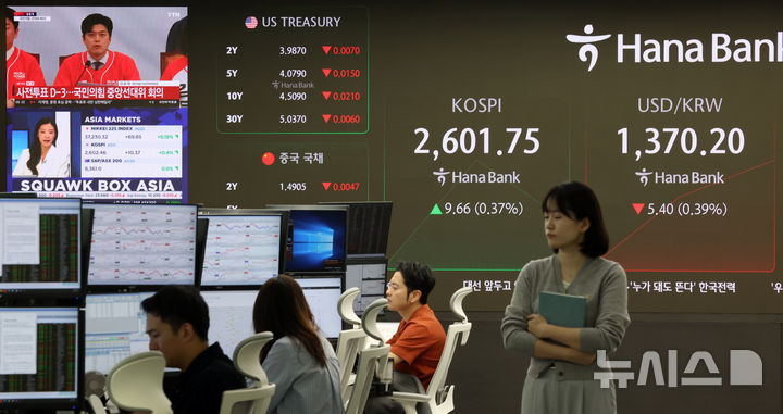[서울=뉴시스] 김금보 기자 = 코스피가 장 초반 2600선을 넘어선 26일 오전 서울 중구 하나은행 딜링룸에서 딜러들이 업무를 하고 있다. 2025.05.26. kgb@newsis.com