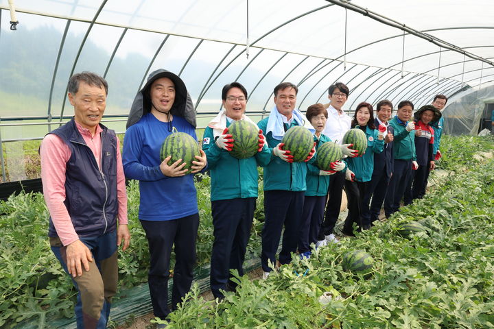 [고창=뉴시스] 지리적표시제 등록상표 '고창수박'의 수확이 본격 시작됐다. 27일 심덕섭 고창군수와 조민규 군의장을 비롯한 일부 군의원, 이미정 농협고창군지부장 등이 성내면 수박농가를 찾아 올해 첫 고창수박의 수확을 돕고 있다. *재판매 및 DB 금지