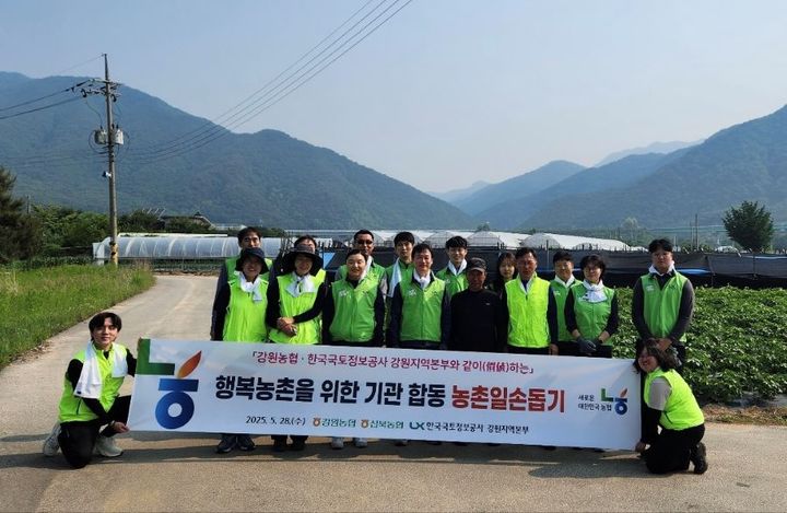 [춘천=뉴시스] 28일 농협 강원본부(본부장 김경록)는 이날 한국국토정보공사 강원지역본부(본부장 이강성)와 춘천 신북농협 관내 조합원 농가를 찾아 농촌일손돕기를 실시했다 고 밝혔다. 농협 강원본부 제공. *재판매 및 DB 금지