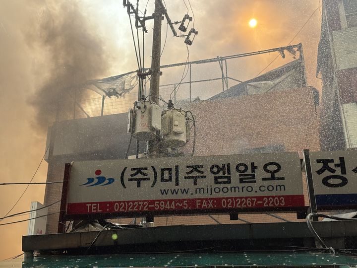 [서울=뉴시스] 한이재 수습 기자 = 28일 오후 서울 중구 을지로 일대의 건물에서 화재로 인한 불길이 보이고 있다. 서울 중부소방서 등에 따르면 이날 오후 3시25분께 서울 중구 을지로 근린생활시설에서 화재가 발생했다. 소방 당국은 인원 171명과 장비 49대를 통원해 불길을 잡고 있다. 2025.05.28. nowone@newsis.com *재판매 및 DB 금지