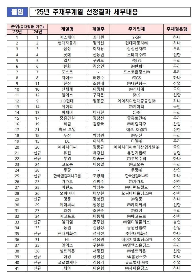 2025년 주채무계열. (자료=금융감독원 제공) photo@newsis.com *재판매 및 DB 금지