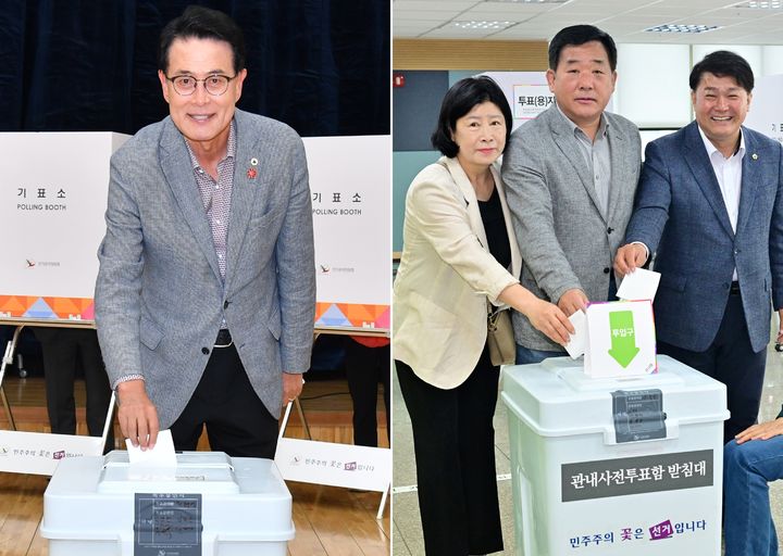 [울산=뉴시스] 박수지 기자 = 왼쪽부터 이순걸 울주군수와 박성민 의원 부부, 이성룡 시의장이 21대 대통령선거 사전투표에 참여하고 있다. photo@newsis.com *재판매 및 DB 금지