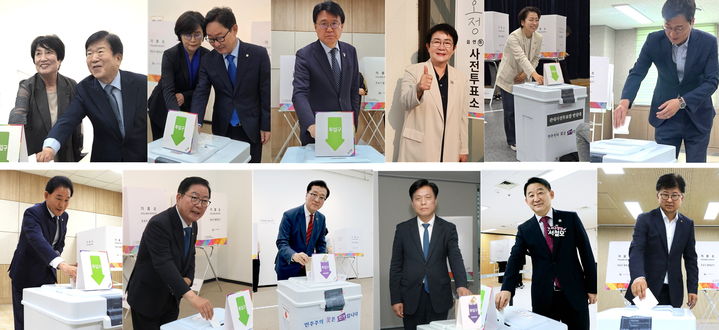 [대전=뉴시스]대전 지역 정치인들이 제21대 대통령선거 사전투표 첫 날인 29일 투표를 하고 있다. *재판매 및 DB 금지