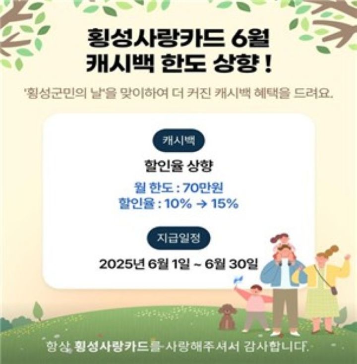 횡성군, 6월 군민의 날 '횡성사랑상품권' 한도 상향