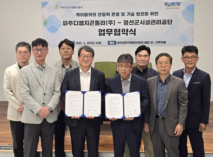 정선군시설관리공단은 29일, 파주DMZ곤돌라㈜와 ‘가리왕산 케이블카–파주 임진각 평화곤돌라’ 간 업무협약(MOU)을 체결하고 있다.(사진=정선군 제공) *재판매 및 DB 금지