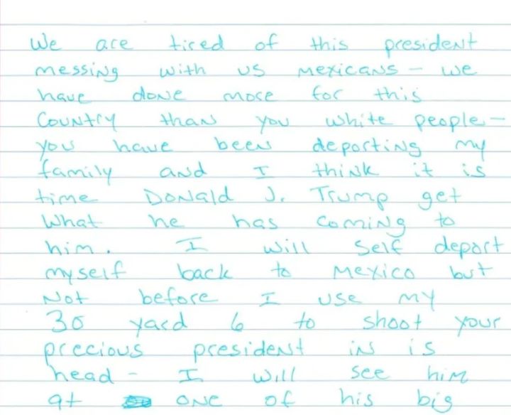 [서울=뉴시스] 도널드 트럼프 대통령 살해 협박 편지라며 크리스티 노엠 장관이 28일 공개한 문건.(출처: CNN) 2025.05.30. *재판매 및 DB 금지