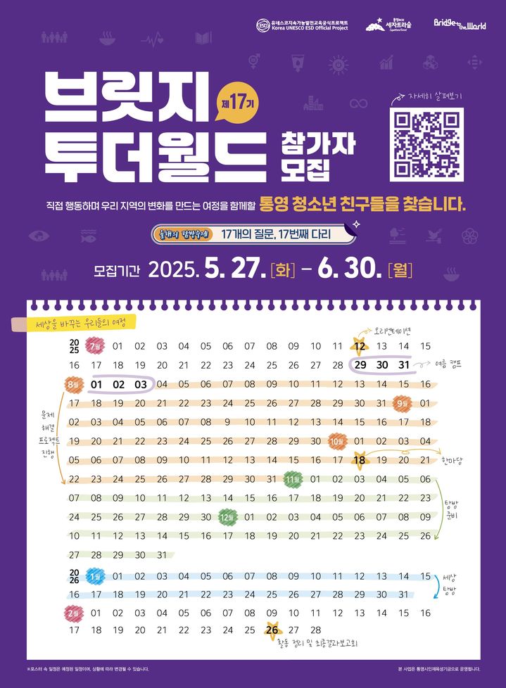 [통영=뉴시스] 신정철 기자= 통영RCE세자트라숲(이사장 천영기 통영시장)이 주관하는 청소년 지역문제 해결 프로젝트 ‘제17기 브릿지투더월드(Bridge to the World)’ 참가자를 모집한다고 30일 밠혔다.사진은 모집 포스터.(사진=통영RCE 제공).2025.05.30. photo@newsis.com *재판매 및 DB 금지