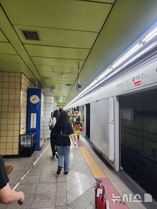 [서울=뉴시스]31일 오전 8시43분께 서울 여의나루역과 마포역 사이를 지나던 5호선 열차 안에서 불이 나 승객들이 승강장 쪽으로 대피하고 있다. (사진= 독자 제공)
