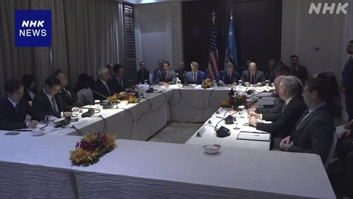 [서울=뉴시스] 미국과 일본, 호주, 필리핀이 31일(현지 시간) 싱가포르에서 열린 아시아안보회의(샹그릴라 대화)를 계기로 4개국 국방장관 회의를 열고 있다. (사진 출처: NHK) 2025.06.01. *재판매 및 DB 금지