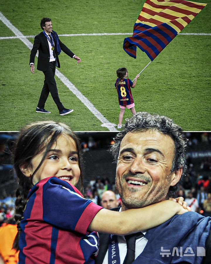 [서울=뉴시스] 프랑스 프로축구 리그앙 파리 생제르맹(PSG)의 루이스 엔리케 감독이 과거 FC바르셀로나(스페인) 시절 그의 딸이 함께 깃발을 꽂는 모습. (사진=ESPN FC SNS 캡처)  *재판매 및 DB 금지