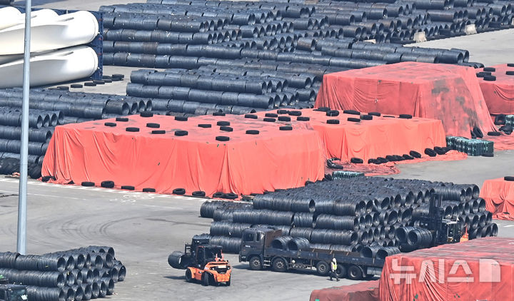 [평택=뉴시스] 김종택 기자 = 1일 경기 평택시 포승읍 평택항 수출 야적장에 철강 제품이 쌓여 있다.2025.06.01. jtk@newsis.com