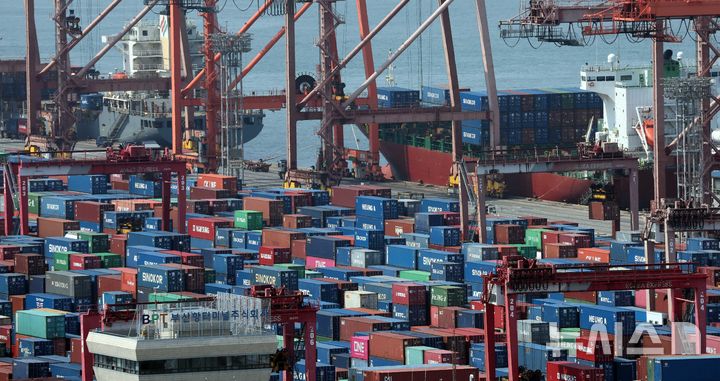 [부산=뉴시스] 하경민 기자 = 부산 남구 신선대부두 야적장에 수출입 컨테이너가 가득 쌓여 있다. 2025.06.01. yulnetphoto@newsis.com