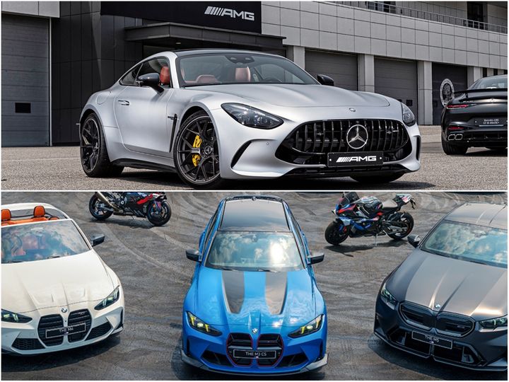 [서울=뉴시스] 국내 수입차 시장에서 1·2위를 다퉈온 메르세데스-벤츠(벤츠)와 BMW가 최근 잇달아 고성능 모델들을 공개하면서 기술력을 앞세운 경쟁에 속도를 내고 있다. 위쪽부터 '더 뉴 메르세데스-AMG GT 55 4MATIC+', 'BMW 뉴 M3 CS 투어링'(가운데). (사진=메르세데스-벤츠코리아, BMW코리아 제공) photo@newsis.com *재판매 및 DB 금지