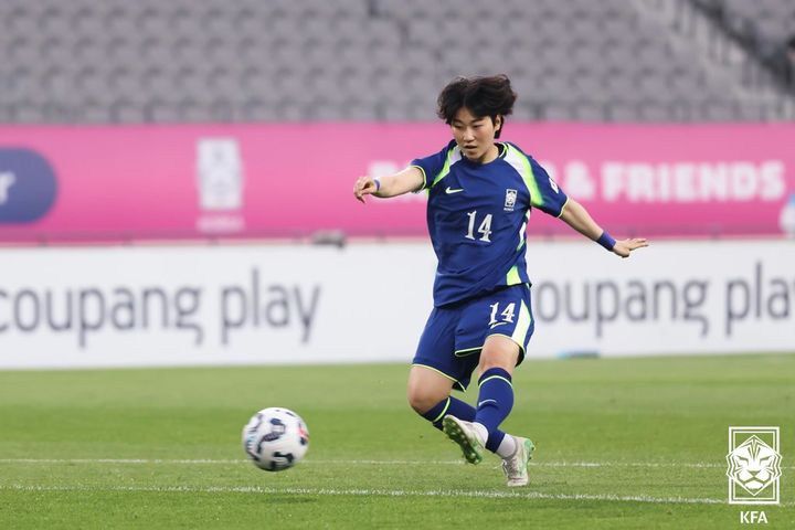 [용인=뉴시스]여자축구대표팀 정민영 A매치 데뷔전 데뷔골. (사진=대한축구협회 제공)