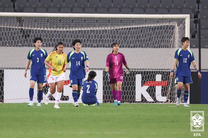 [용인=뉴시스]여자축구, 콜롬비아와 2차전 실점 장면. (사진=대한축구협회 제공)
