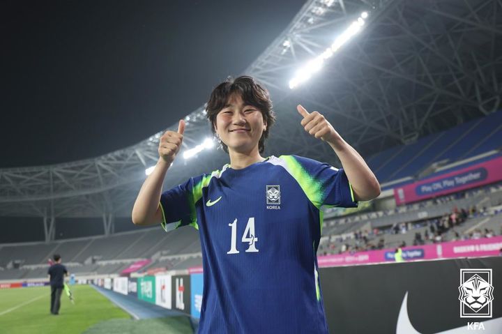[용인=뉴시스]여자축구 A매치 데뷔전 데뷔골 정민영. (사진=대한축구협회 제공)