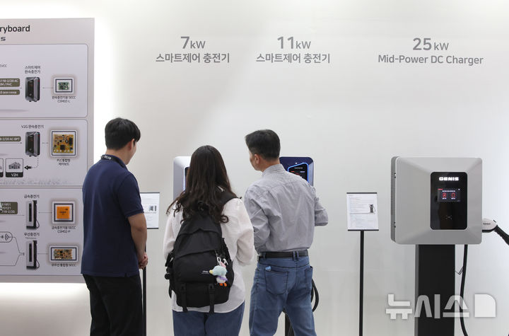 [서울=뉴시스] 김금보 기자 = 3일 코엑스에서 열린 'EV트렌드코리아 2025' 제니스코리아 부스에 다양한 전기차 충전 시스템이 전시돼있다. 2025.06.03. kgb@newsis.com