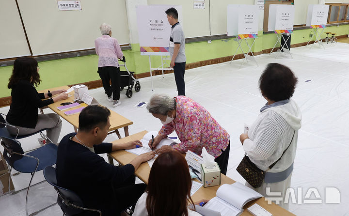[서울=뉴시스] 추상철 기자 = 제21대 대통령선거일인 3일 오후 서울 중구 장충초등학교에 마련된 다산동 제2투표소에서 유권자들이 소중한 한표를 행사하기 위해 신분확인을 받고 있다. 2025.06.03. scchoo@newsis.com