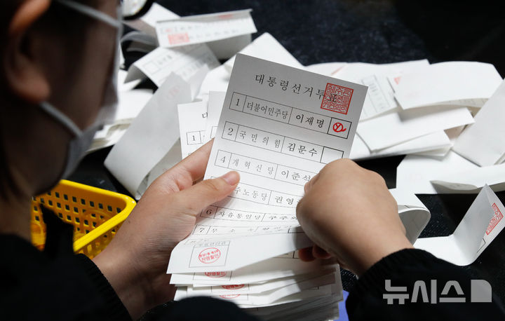 [제주=뉴시스] 우장호 기자 = 제21대 대통령 선거일인 3일 오후 제주시 한라체육관에 마련된 개표소에서 개표 작업이 진행되고 있다. 2025.06.03. woo1223@newsis.com