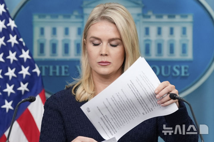 [워싱턴=AP/뉴시스] 캐롤라인 레빗 미국 백악관 대변인이 3일(현지 시간) 워싱턴 D.C. 백악관에서 브리핑을 하며 자료를 보고 있다. 2025.06.04.