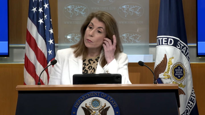 태미 브루스 미국 국무부 대변인이 3일(현지 시간) 국무부 청사에서 브리핑하고 있다. (사진=국무부 유튜브 캡처) 2025.06.04. *재판매 및 DB 금지