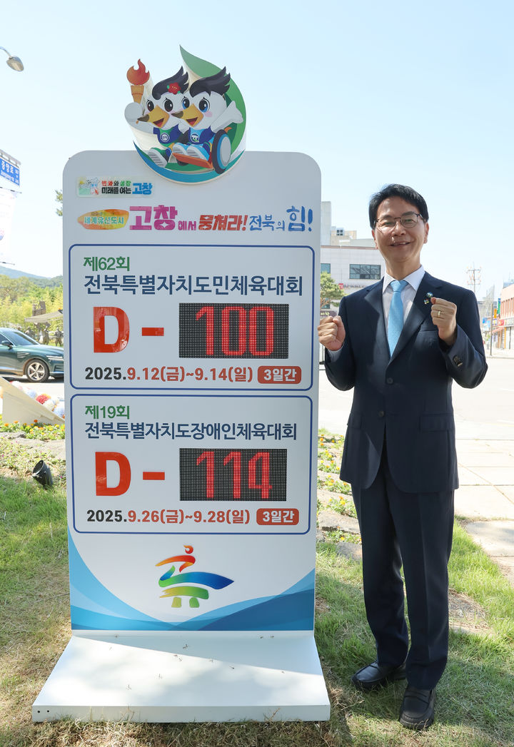 [고창=뉴시스] 4일 고창군청 멀구슬나무 아래 군이 오는 9월 개최 예정인 '제62회 전북특별자치도 도민체육대회' 및 '제19회 전북특별자치도 장애인체육대회'까지의 남은 일수를 알리는 카운터기가 설치됐다. 심덕섭 군수가 함께 사진을 찍고 있다. *재판매 및 DB 금지