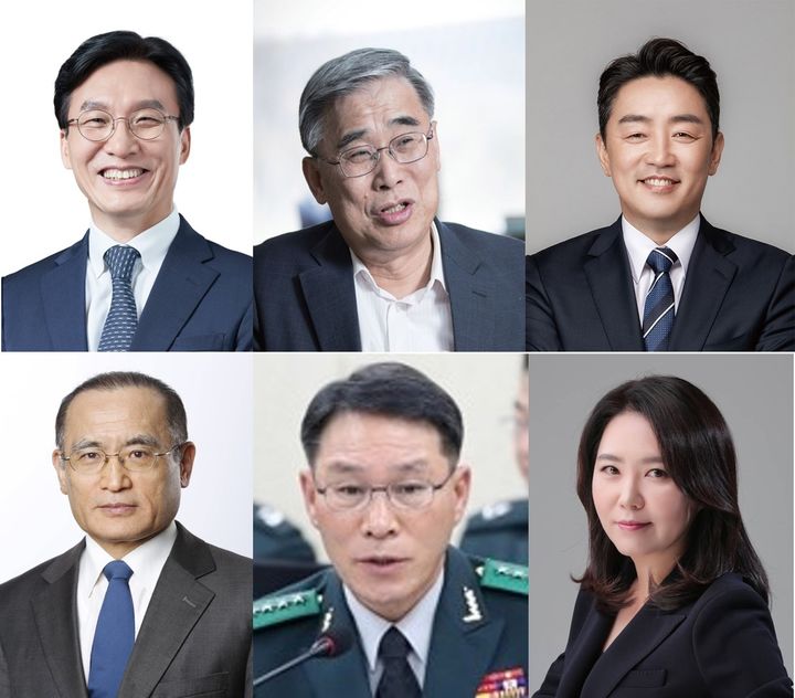 이재명 대통령이 4일 김민석 국무총리 후보자를 비롯한 새 정부 첫 인선을 직접 발표했다. (윗줄 왼쪽부터) 김민석 국무총리 후보자, 이종석 국가정보원장 후보자, 강훈식 대통령 비서실장, 위성락 국가안보실장, 황인권 경호처장, 강유정 대변인. *재판매 및 DB 금지