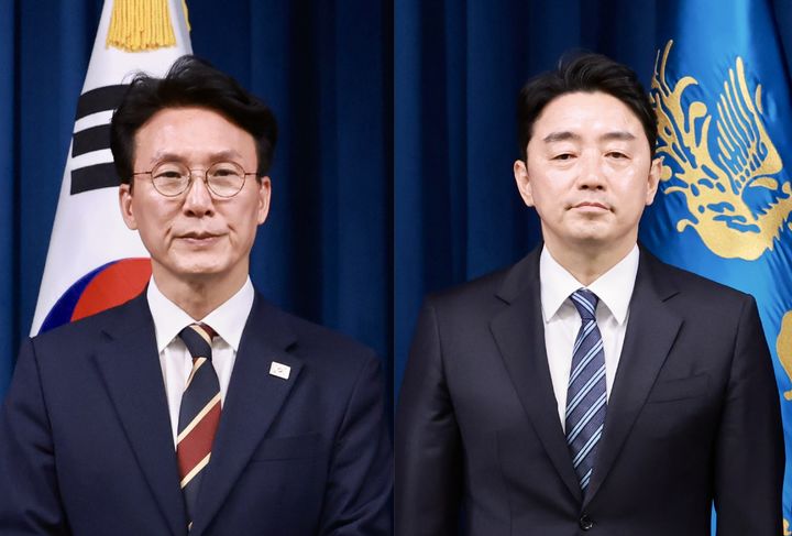 [서울=뉴시스] 이재명 대통령이 4일 서울 용산 대통령실 청사에서 새 정부 첫 인사 발표를 했다. 왼쪽부터 김민석 국무총리 후보자, 강훈식 비서실장. (사진=고범준 기자, 대통령실통신사진기자단) 2025.06.04. photo@newsis.com *재판매 및 DB 금지