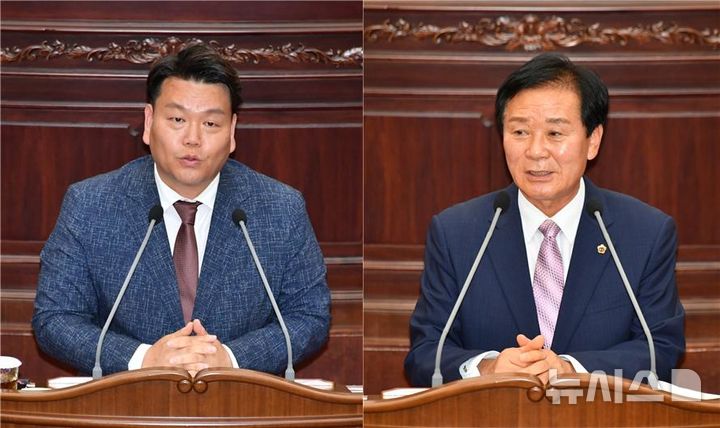 [창원=뉴시스]4일 오후 열린 경남도의회 제424회 정례회 제1차 본회의에서 이시영(왼쪽)·김재웅 도의원이 도정질문을 하고 있다.(사진=경남도의회 제공) 2025.06.02. photo@newsis.com