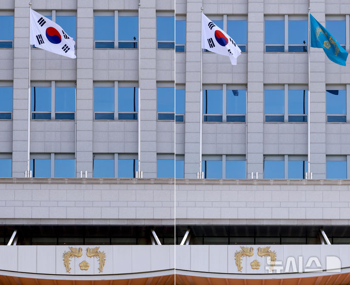 [서울=뉴시스] 최진석 기자 = 사진은 제21대 이재명 대통령 임기가 시작된 지난 4일 서울 용산 대통령실 청사에 봉황기가 게양돼 있는 모습. 왼쪽은 4일 봉황기 게양 전의 모습. (대통령실통신사진기자단) 2025.06.04. myjs@newsis.com