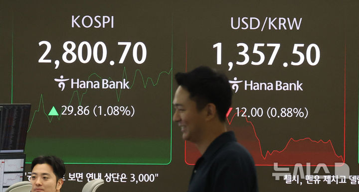 [서울=뉴시스] 추상철 기자 = 코스피가 장중 2800선을 돌파한 5일 오전 서울 중구 하나은행 딜링룸 전광판에 지수가 표시되고 있다. 2025.06.05. scchoo@newsis.com