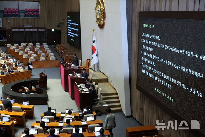 [서울=뉴시스] 조성우 기자 = 우원식 국회의장이 5일 오후 서울 여의도 국회에서 열린 제426회 국회(임시회) 제1차 본회의에서 검사징계법 개정안과 3대 특검법을 상정하고 있다. 2025.06.05. xconfind@newsis.com