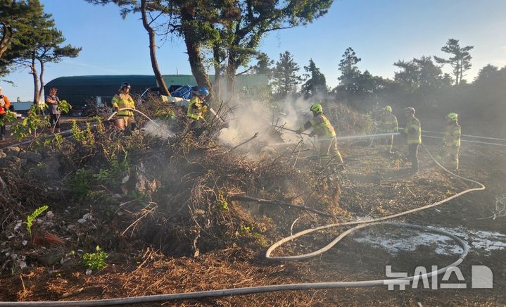 [제주=뉴시스] 5일 오후 제주시 조천읍 남조로3길 과수원에서 화재가 발생하자 신고를 받고 출동한 소방당국이 불을 끈 후 잔불 정리를 하고 있다. (사진=제주도소방안전본부 제공) 2025.06.06. photo@newsis.com *재판매 및 DB 금지