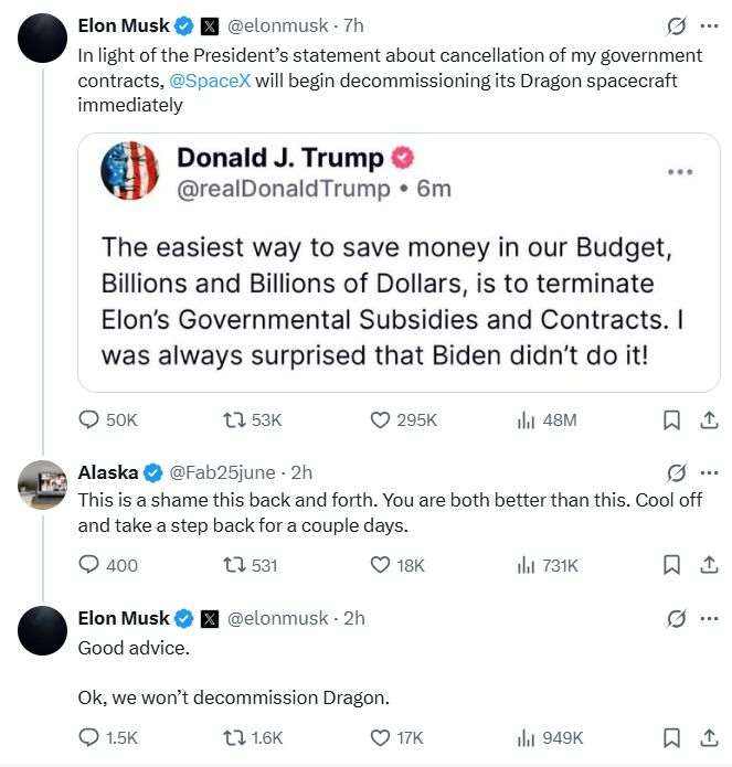 [서울=뉴시스] 사진은 일론 머스크 스페이스X 최고경영자(CE0)의 엑스(X·옛 트위터) 화면 갈무리. 2025.06.05. *재판매 및 DB 금지