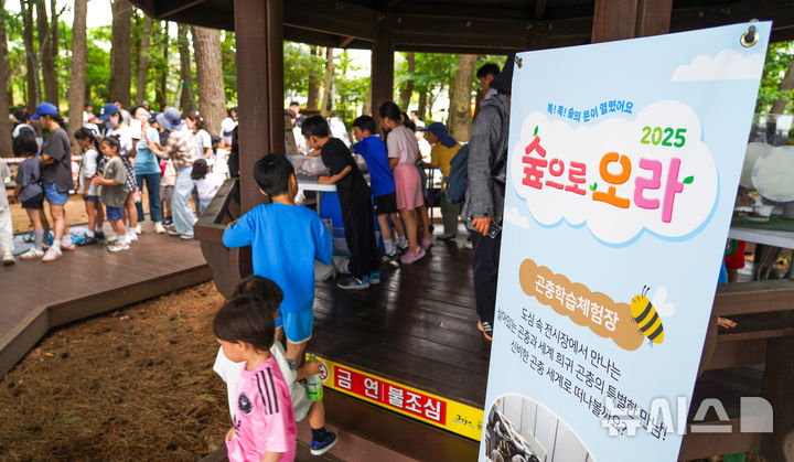 [제주=뉴시스] 우장호 기자 = 6일 제주시 한라도서관 일대에서 열린 생태체험 축제 '2025 숲으로 오라'에서 부모님과 행사장을 찾은 어린이들이 숲액티비티를 체험하고 있다.8일까지 사흘간 열리는 '숲으로 오라' 축제는 제주관광공사가 2019년부터 매년 어린이를 비롯해 동반 가족을 대상으로 자연의 가치와 환경의 중요성을 알리기 위해 여는 참여행 생태체험 행사다. 2025.06.06. woo1223@newsis.com