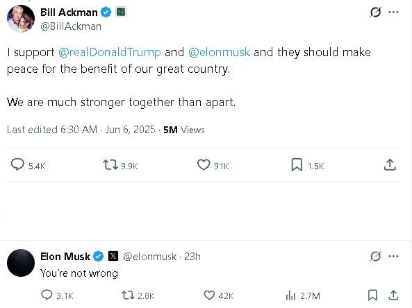 [서울=뉴시스] 빌 애크먼이 올린 글에 댓글을 남긴 일론 머스크.(사진=빌 애크먼 엑스 옛 트위터 갈무리) *재판매 및 DB 금지