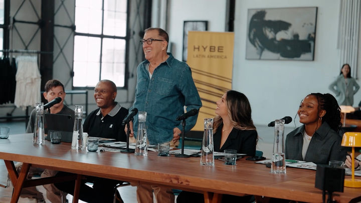 [서울=뉴시스] 왼쪽부터 폴 베커, 로버트 스티븐슨, 케니 오르테가, 나탈리 이글레시아스, 참 라다나. (사진 = 하이브 제공) 2025.06.07. photo@newsis.com *재판매 및 DB 금지